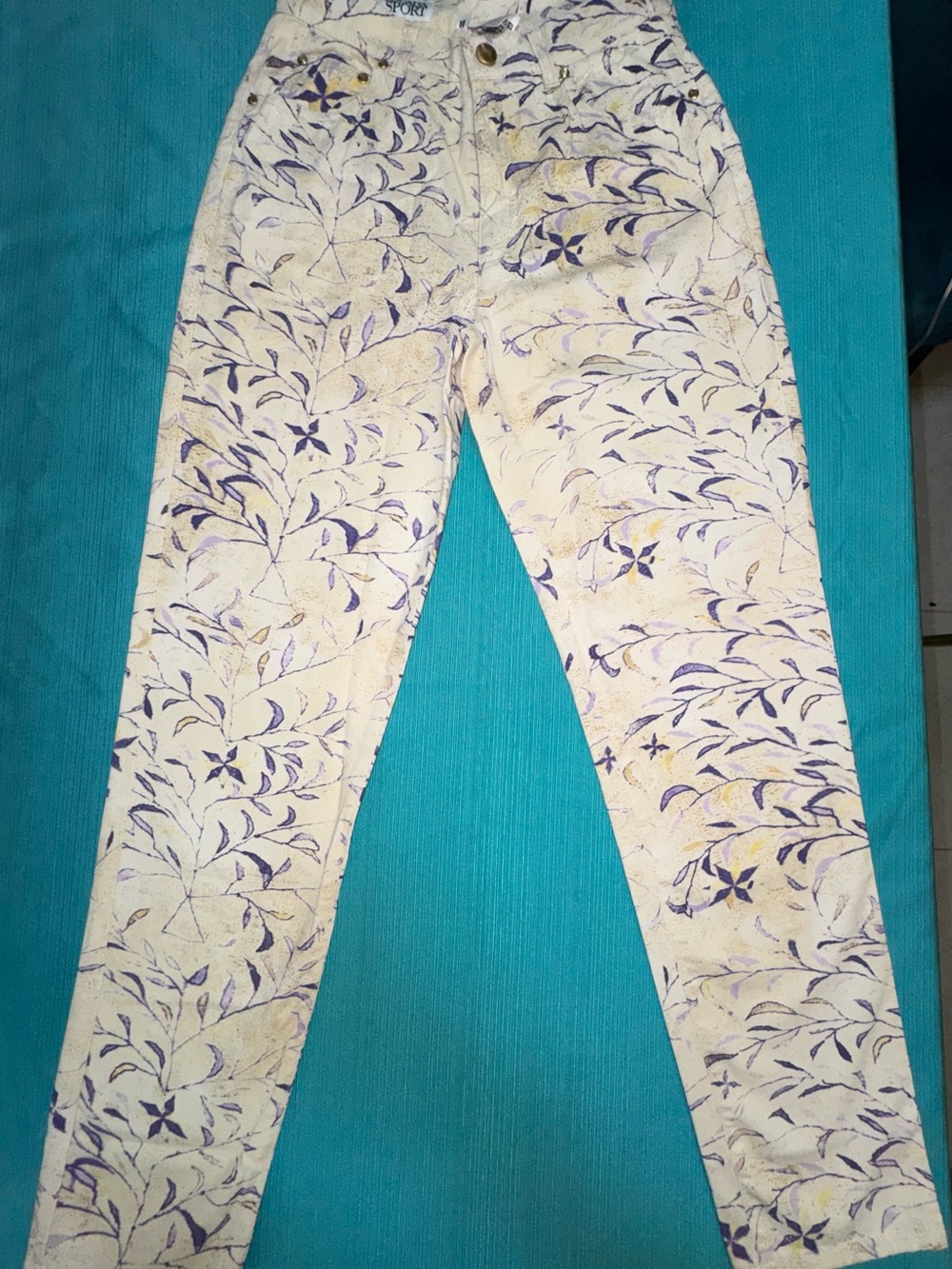 Escada Cream Skinny Jeans with Purple & Gold Floral Print